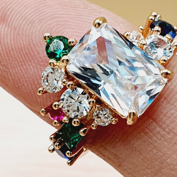 💎 Trendy Colourful Gemstone Dainty Large Rectangle Gold Rings  Women, INDN8511 - Picture 8 of 11